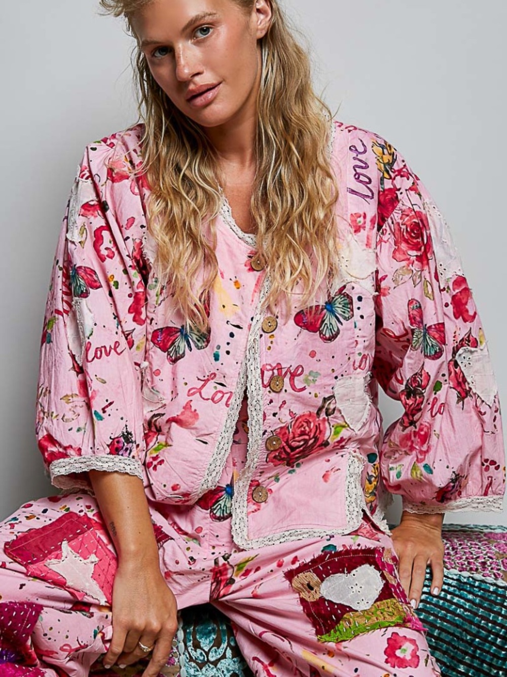 Pol Pink Mix Butterfly Star Love Floral Print Button Down Lightweight Jacket